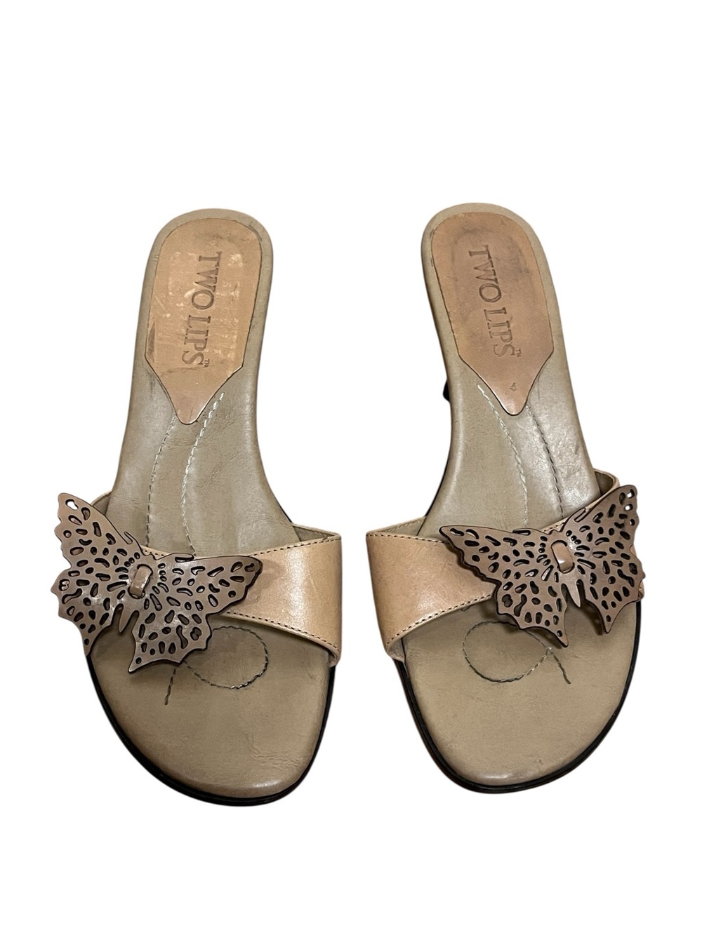 Two Lips Butterfly Tan Kitten Heels Mules Y2K — Size 6.5 - Picture 4 of 12